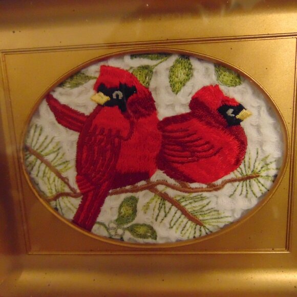 Two Embroidered Cardinals Sitting on Branch, Gold Frame, 6 x 5 inches - Picture 3 of 4